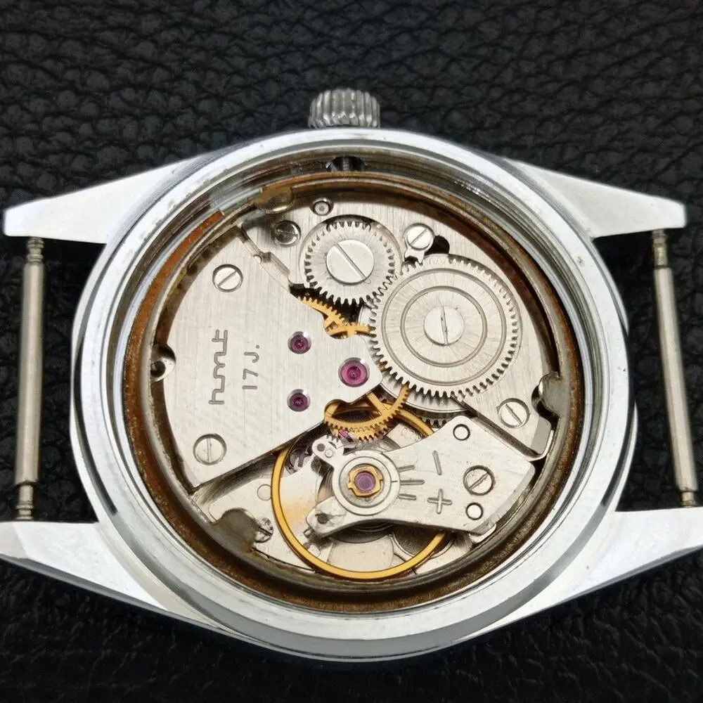 Vintage 1982 HMT Manual Wound Mens Silver Watch & Blue accents